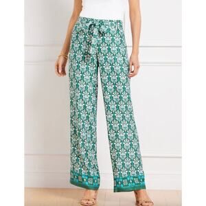 Talbots Womens XL Petite Green White Damask Bouquet Wide-Leg Belted Pants NEW
